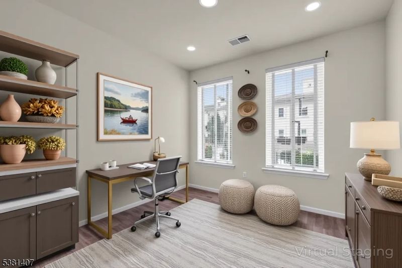 Home Office, Interior, Recessed Lighting, Wood Texture Flooring