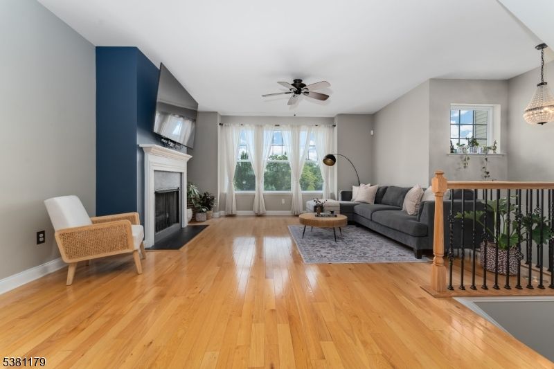 Fireplace, Interior, Living room, Pendant Lights, Wood Texture Flooring