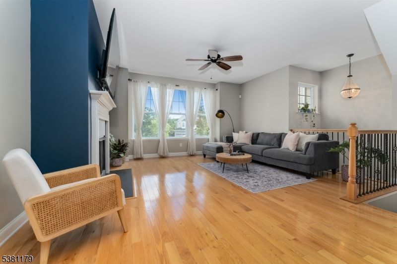 Fireplace, Interior, Living room, Pendant Lights, Wood Texture Flooring