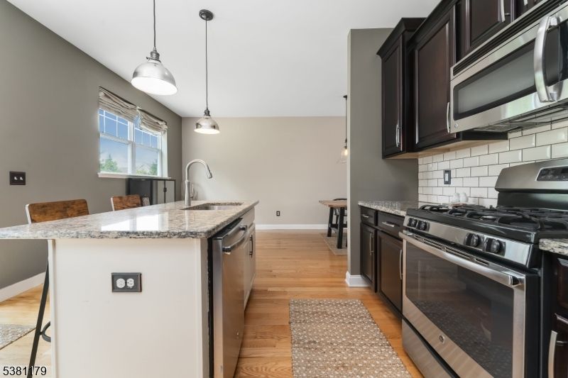 Interior, Kitchen, Pendant Lights, Stainless Steel Appliances, Wood Texture Flooring