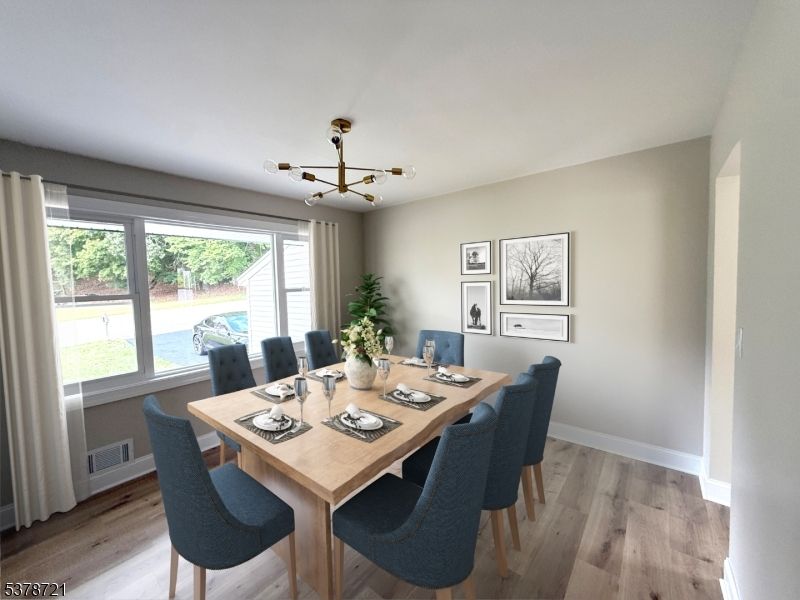 Dining room, Interior, Pendant Lights, Wood Texture Flooring