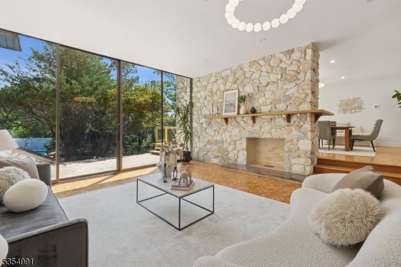 Dining room, Fireplace, Interior, Living room, Recessed Lighting, Stone Walls