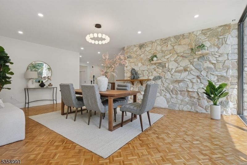 Dining room, Interior, Pendant Lights, Recessed Lighting, Stone Walls, Wood Texture Flooring