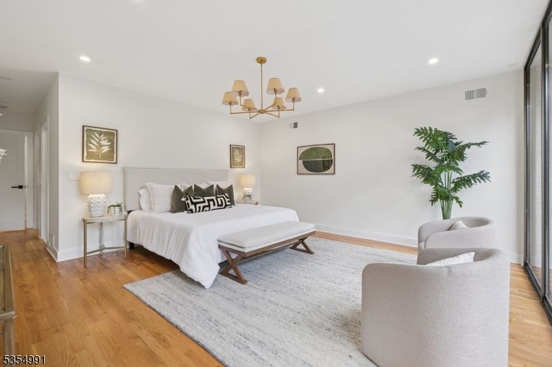 Bedroom, Chandelier, Interior, Recessed Lighting, Wood Texture Flooring