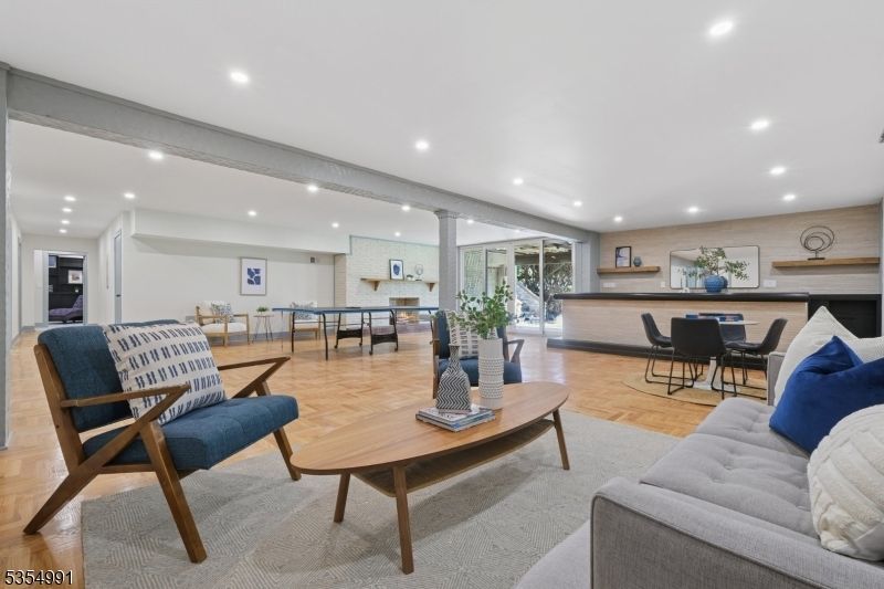 Dining room, Interior, Living room, Recessed Lighting, Wood Texture Flooring