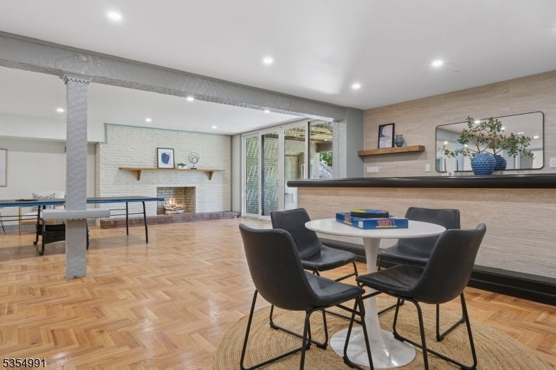 Dining room, Game Room, Interior, Recessed Lighting, Stone Walls, Wood Texture Flooring