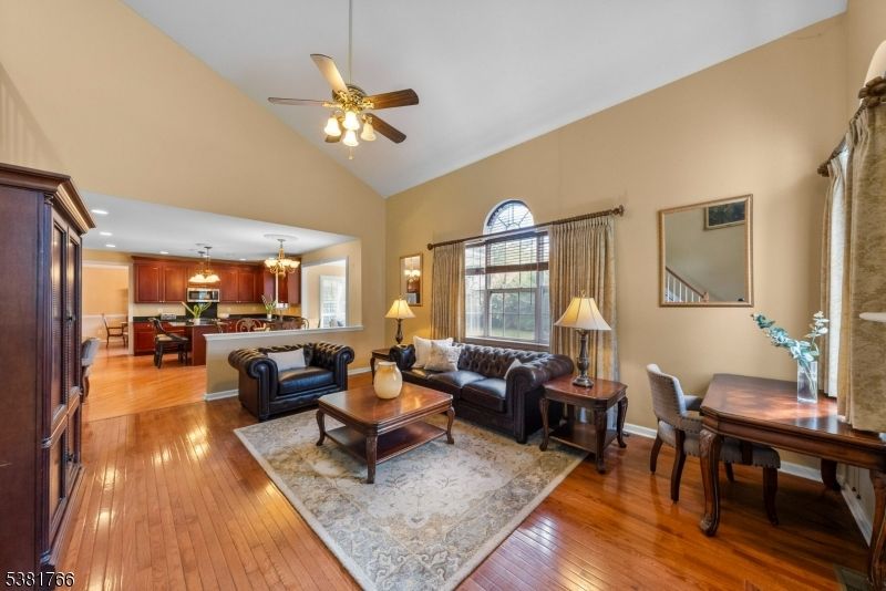 Chandelier, Dining room, Interior, Kitchen, Living room, Pendant Lights, Recessed Lighting, Wood Texture Flooring