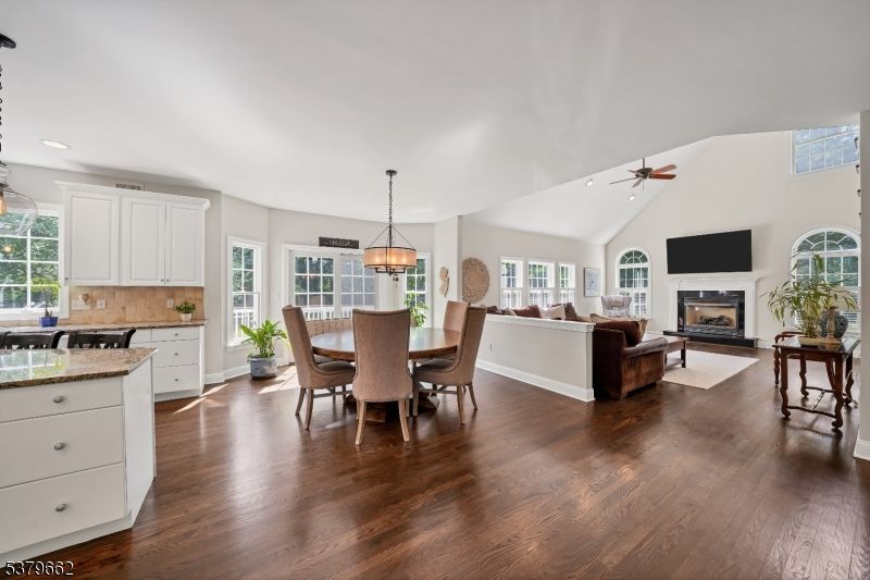 Dining room, Fireplace, Interior, Kitchen, Living room, Pendant Lights, Recessed Lighting, Wood Texture Flooring
