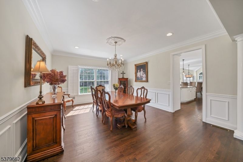Chandelier, Dining room, Interior, Pendant Lights, Recessed Lighting, Wood Texture Flooring