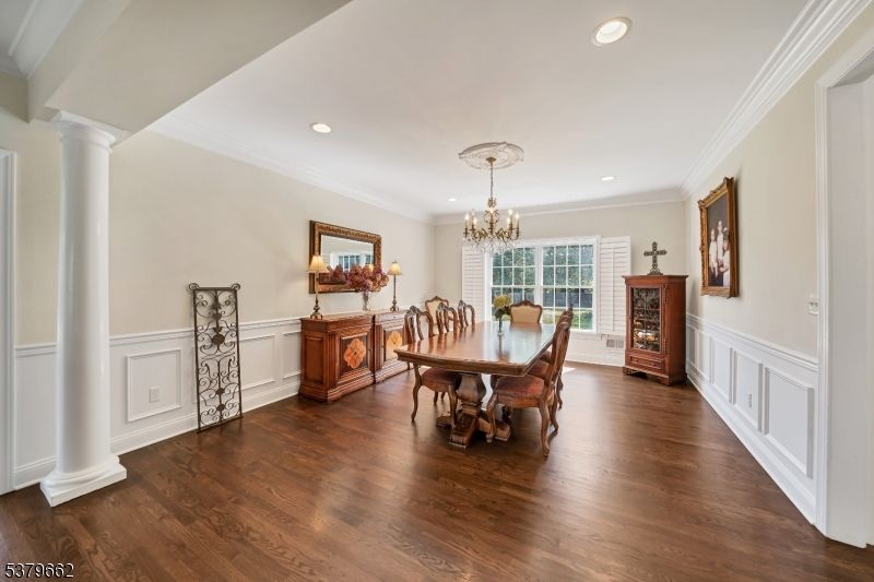 Chandelier, Dining room, Fireplace, Interior, Recessed Lighting, Wood Texture Flooring