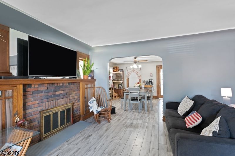 Dining room, Fireplace, Interior, Living room, Wood Texture Flooring