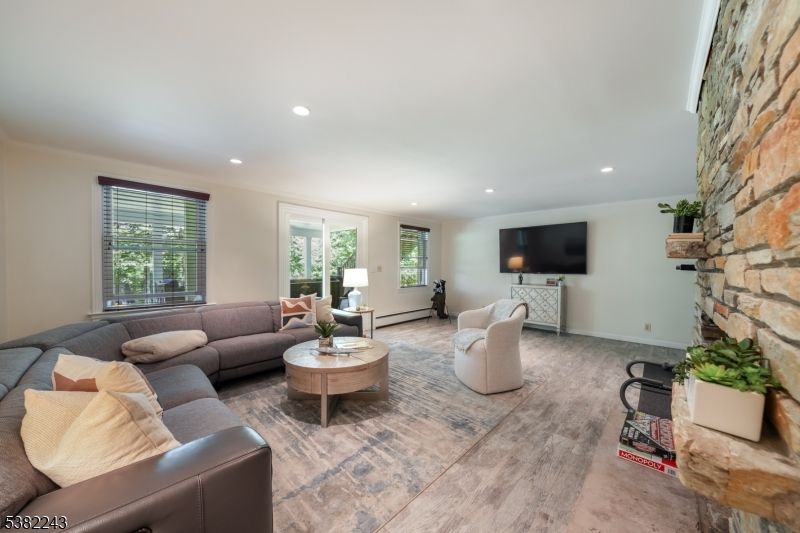 Interior, Living room, Recessed Lighting, Stone Walls, Wood Texture Flooring