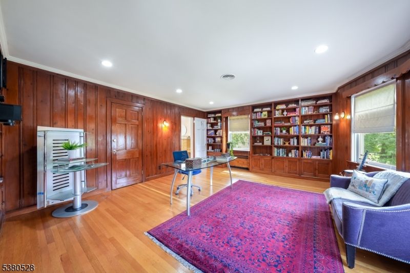 Home Office, Interior, Recessed Lighting, Wood Texture Flooring, Wooden Walls