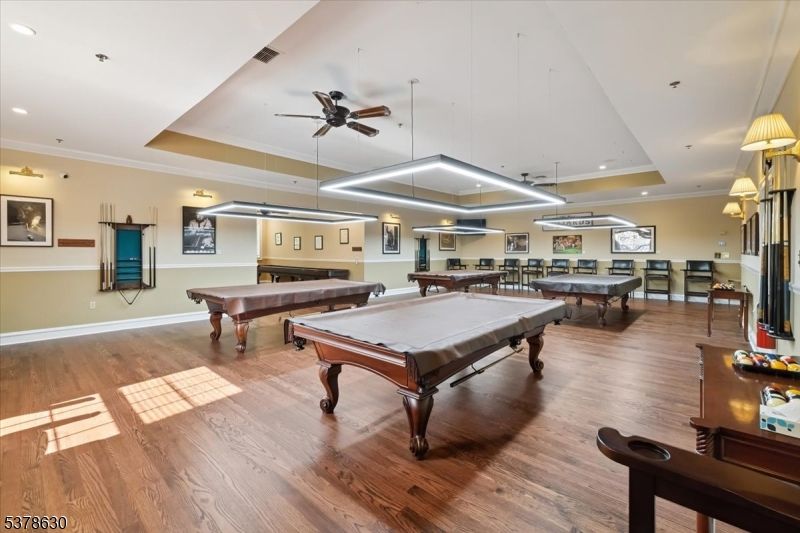 Billiard Table, Game Room, Interior, Pendant Lights, Recessed Lighting, Wood Texture Flooring