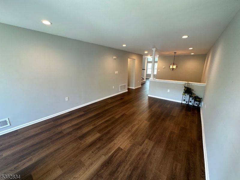 Empty room, Interior, Pendant Lights, Recessed Lighting, Wood Texture Flooring