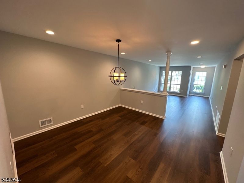 Empty room, Interior, Pendant Lights, Recessed Lighting, Wood Texture Flooring