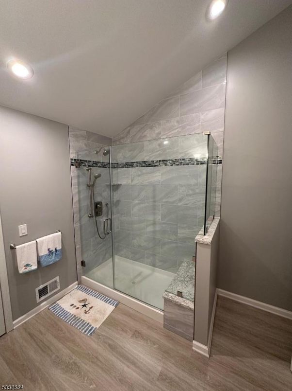 Bathroom, Glass Shower, Interior, Recessed Lighting, Wood Texture Flooring