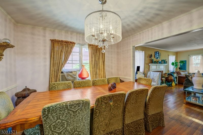 Chandelier, Dining room, Fireplace, Interior, Living room, Wood Texture Flooring