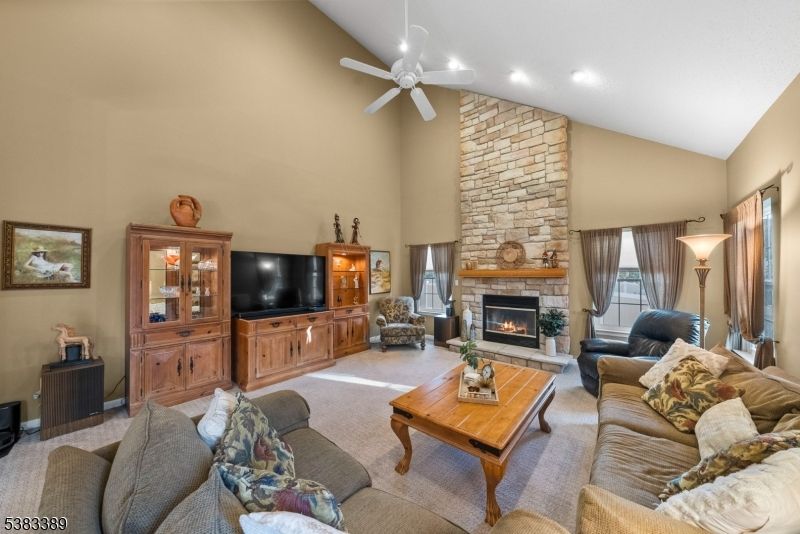 Fireplace, Interior, Living room, Recessed Lighting, Stone Walls