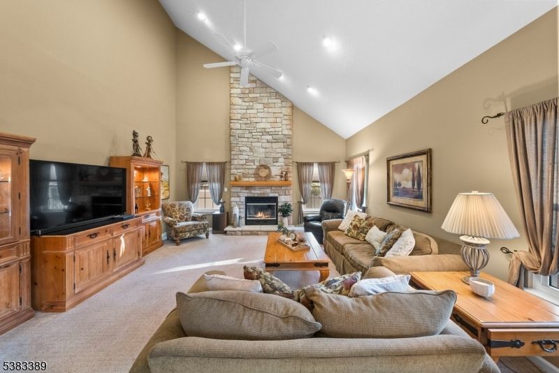 Fireplace, Interior, Living room, Recessed Lighting, Stone Walls