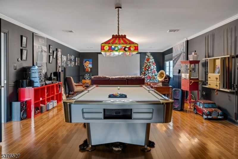 Billiard Table, Game Room, Interior, Pendant Lights, Wood Texture Flooring