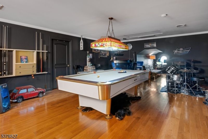 Billiard Table, Game Room, Interior, Pendant Lights, Wood Texture Flooring