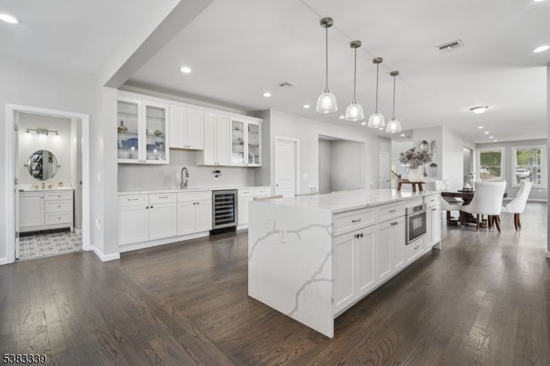 Dining room, Interior, Kitchen, Pendant Lights, Recessed Lighting, Wood Texture Flooring