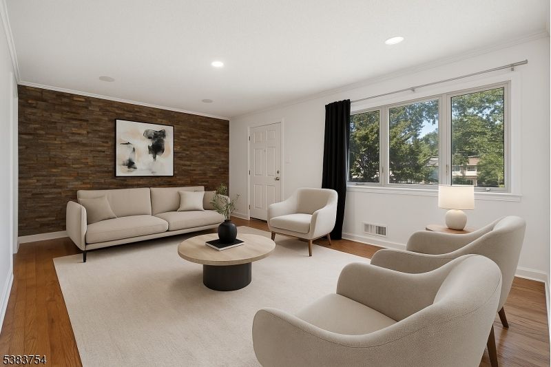 Interior, Living room, Recessed Lighting, Stone Walls, Wood Texture Flooring