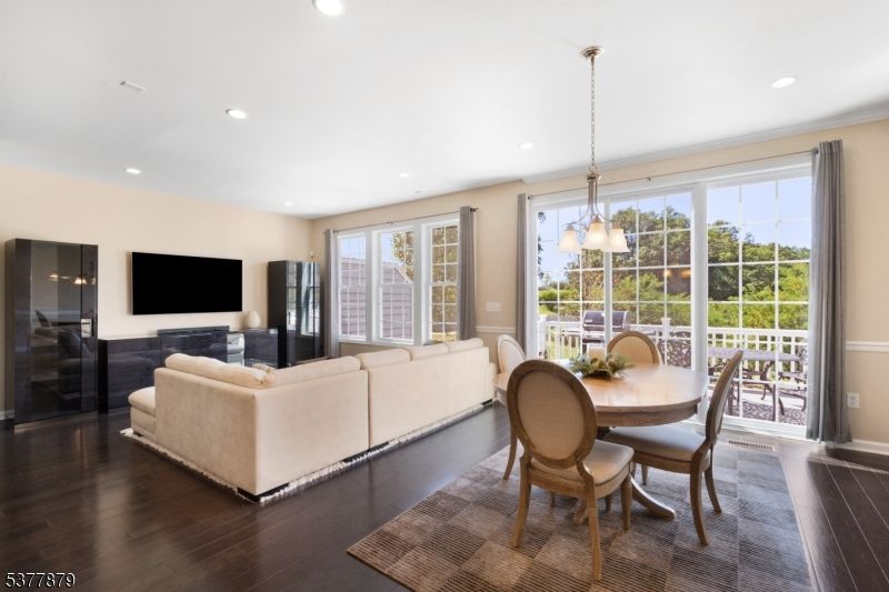 Chandelier, Dining room, Interior, Living room, Recessed Lighting, Wood Texture Flooring