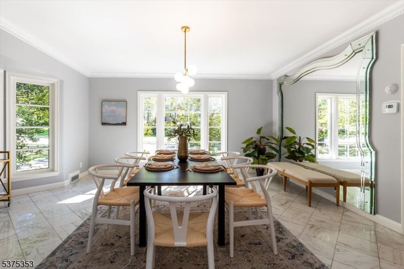 Dining room, Interior, Marble, Pendant Lights