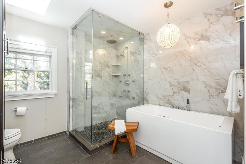 Bathroom, Glass Shower, Interior, Marble Walls, Pendant Lights, Recessed Lighting