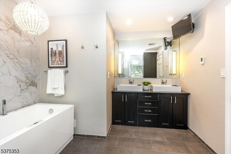 Bathroom, Dual Sink Vanities, Interior, Marble Walls, Recessed Lighting