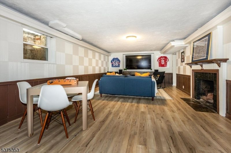 Dining room, Fireplace, Interior, Living room, Wood Texture Flooring
