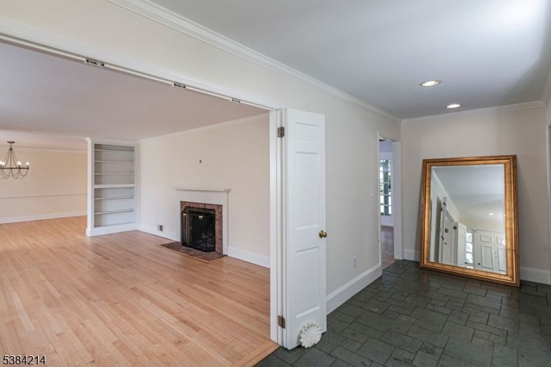Empty room, Fireplace, Interior, Recessed Lighting, Wood Texture Flooring