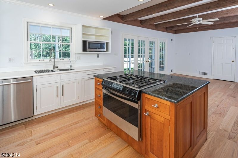 Interior, Kitchen, Recessed Lighting, Stainless Steel Appliances, Wooden Beams, Wood Texture Flooring
