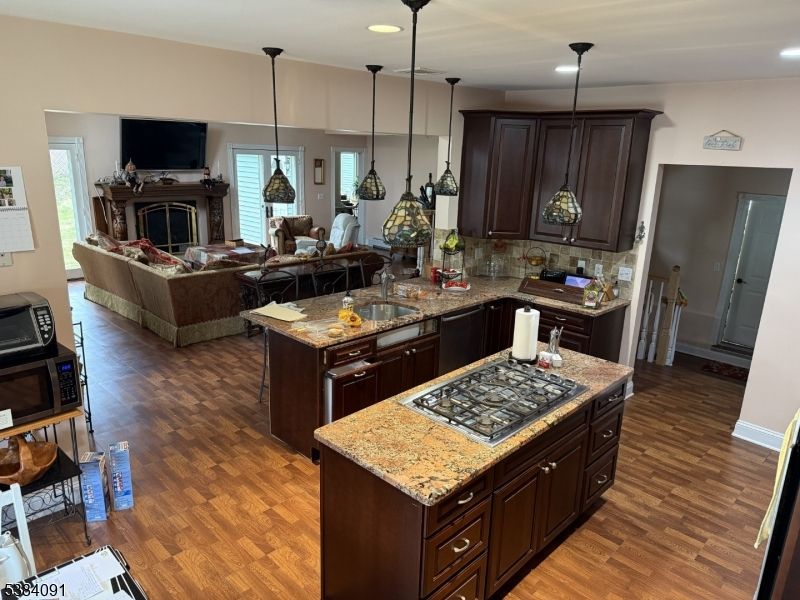 Fireplace, Interior, Kitchen, Living room, Pendant Lights, Recessed Lighting, Wood Texture Flooring