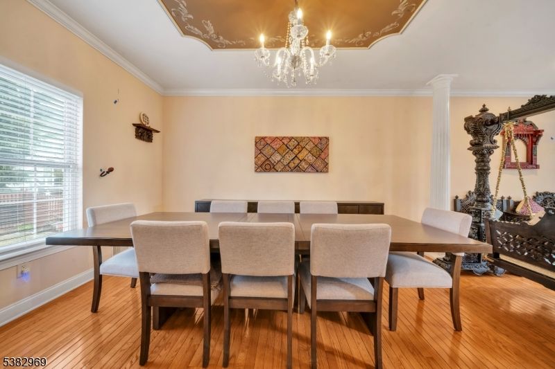 Chandelier, Dining room, Interior, Wood Texture Flooring