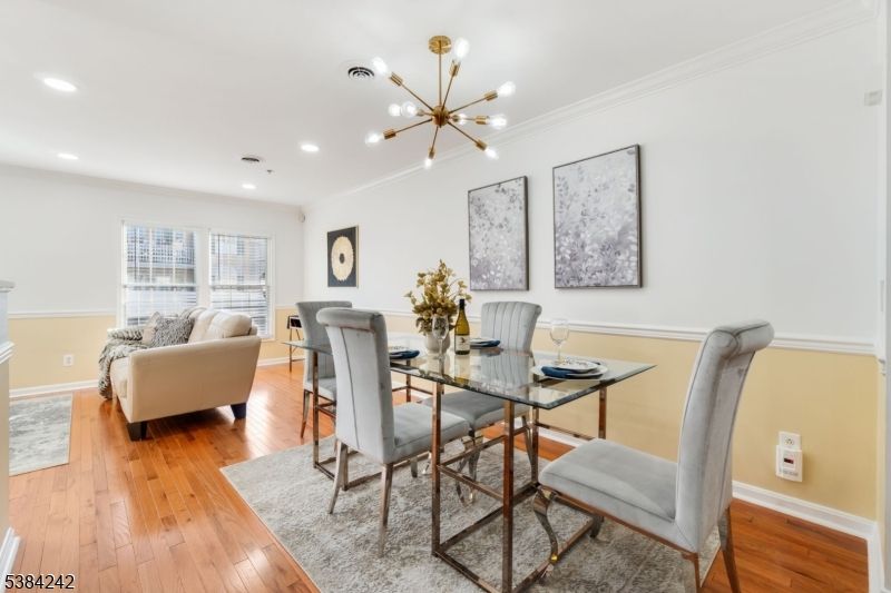 Dining room, Interior, Living room, Pendant Lights, Recessed Lighting, Wood Texture Flooring