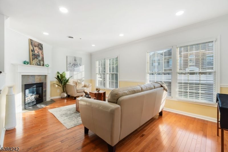 Fireplace, Interior, Living room, Recessed Lighting, Wood Texture Flooring