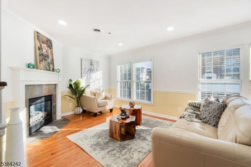 Fireplace, Interior, Living room, Recessed Lighting, Wood Texture Flooring