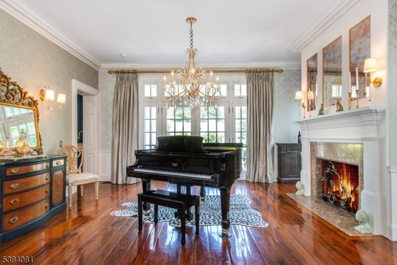 Chandelier, Fireplace, Interior, Piano, Wood Texture Flooring