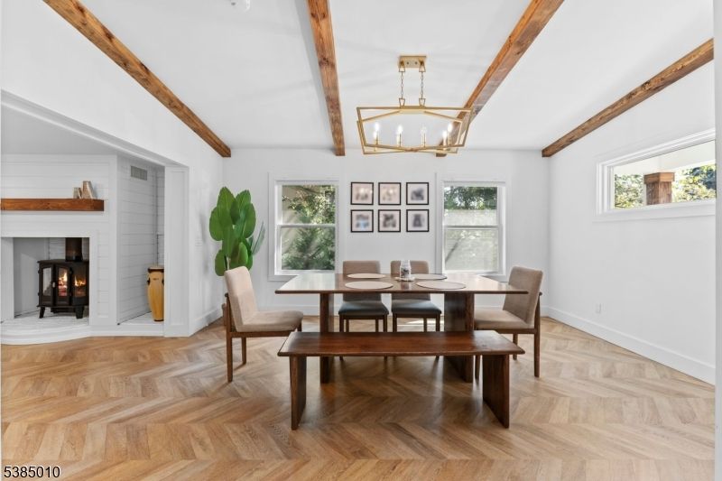Dining room, Fireplace, Interior, Pendant Lights, Wooden Beams, Wood Texture Flooring