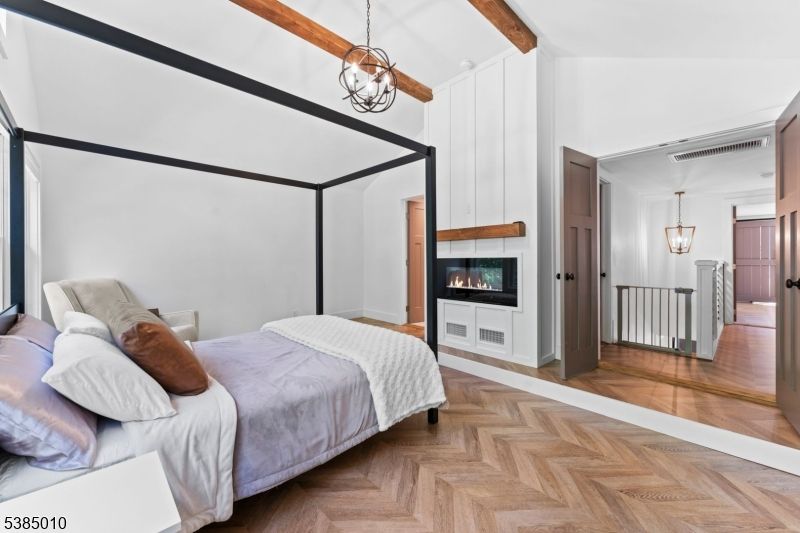 Bedroom, Fireplace, Interior, Pendant Lights, Wood Texture Flooring