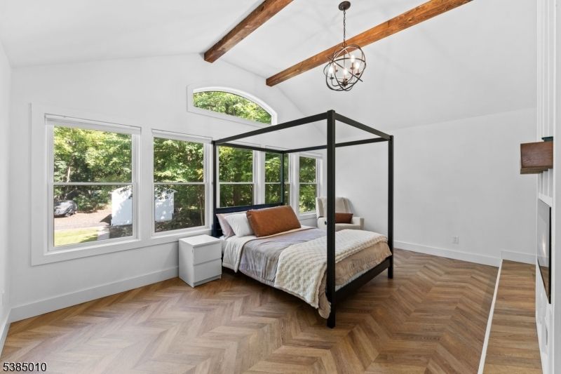 Bedroom, Interior, Pendant Lights, Wooden Beams, Wood Texture Flooring