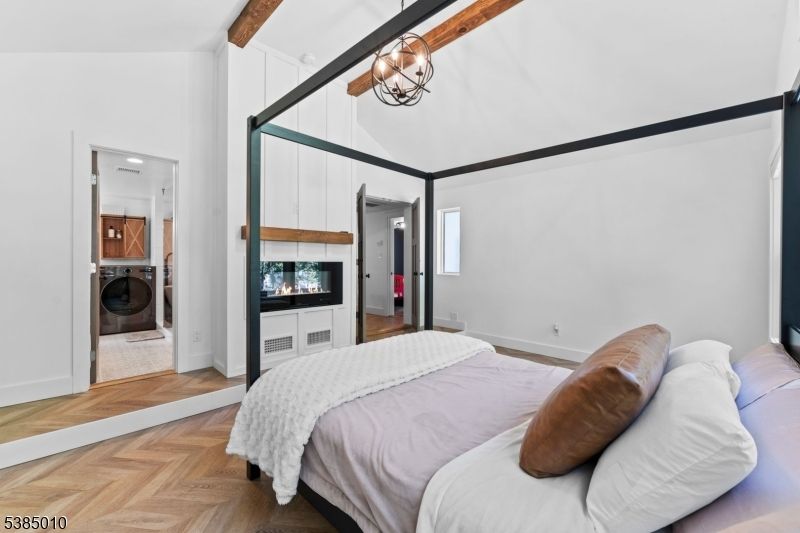 Bedroom, Chandelier, Interior, Wood Texture Flooring