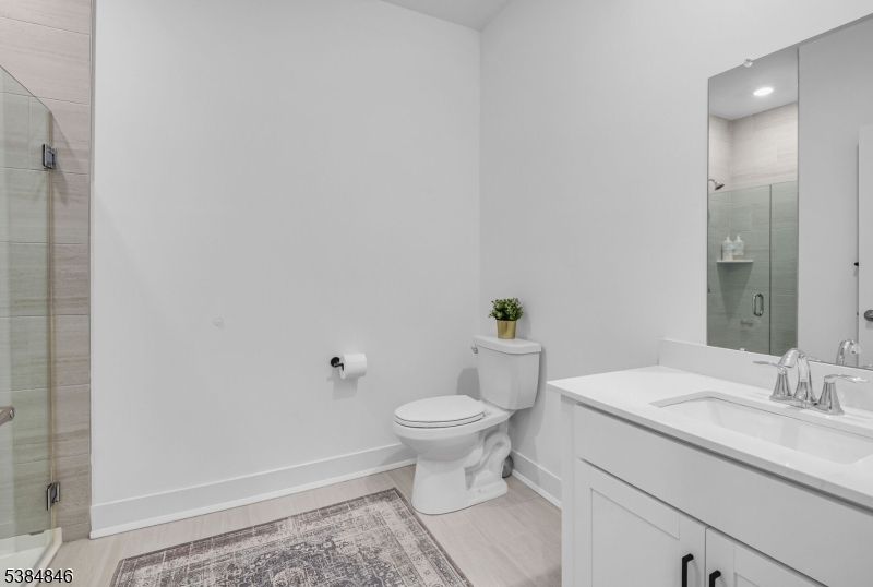 Bathroom, Glass Shower, Interior, Recessed Lighting, Wood Texture Flooring
