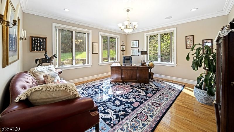 Chandelier, Home Office, Interior, Recessed Lighting, Wood Texture Flooring
