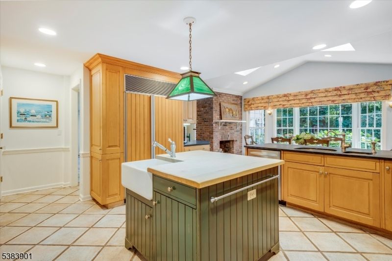 Fireplace, Interior, Kitchen, Pendant Lights, Recessed Lighting, Stone Walls