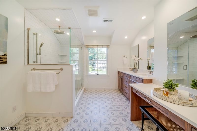 Bathroom, Dual Sink Vanities, Glass Shower, Interior, Recessed Lighting