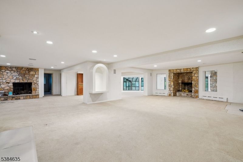 Empty room, Fireplace, Interior, Recessed Lighting, Stone Walls